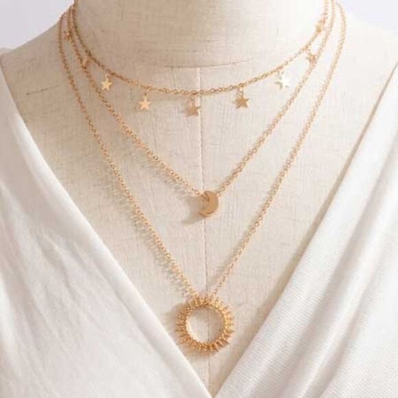 2/$21 Ladies Sun Moon and Stars Layered Necklace - Picture 2 of 5